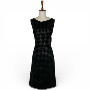 90s Black Leather Dress Women’s 10 Herringbone Sleeveless Crew Neck Sheath‎